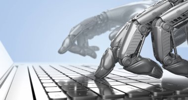 Dizüstü bilgisayar klavyesi üzerinde robot kolları yazma, 3d render