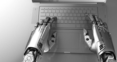 Dizüstü bilgisayar klavyesi üzerinde robot kolları yazma, 3d render