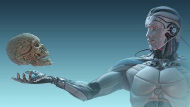 Robot ve insan kafatası yapay zeka kavramı, 3d render