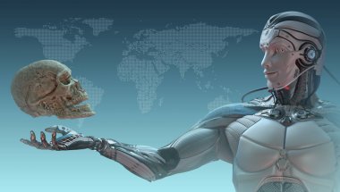 Robot ve insan kafatası yapay zeka kavramı, 3d render