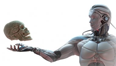 Robot ve insan kafatası yapay zeka kavramı, 3d render