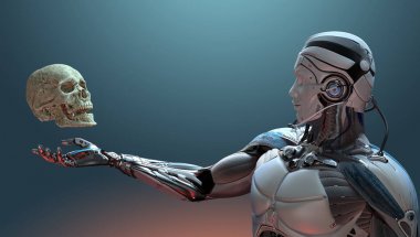 Robot ve insan kafatası yapay zeka kavramı, 3d render