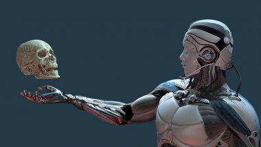 Robot ve insan kafatası yapay zeka kavramı, 3d render