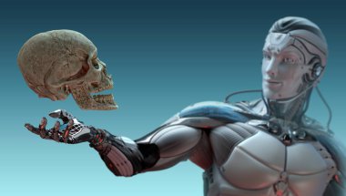 Robot ve insan kafatası yapay zeka kavramı, 3d render