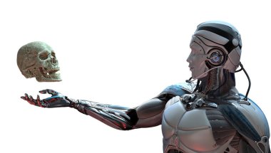 Robot ve insan kafatası yapay zeka kavramı, 3d render