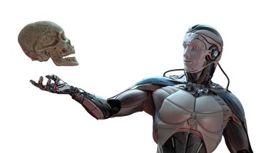 Robot ve insan kafatası yapay zeka kavramı, 3d render