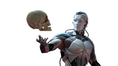 Robot ve insan kafatası yapay zeka kavramı, 3d render