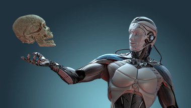 Robot ve insan kafatası yapay zeka kavramı, 3d render