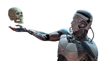 Robot ve insan kafatası yapay zeka kavramı, 3d render