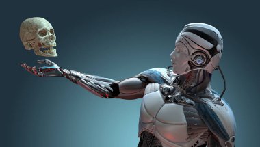 Robot ve insan kafatası yapay zeka kavramı, 3d render