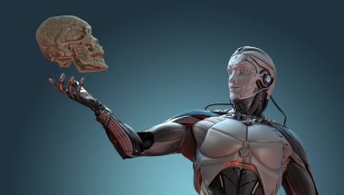 Robot ve insan kafatası yapay zeka kavramı, 3d render