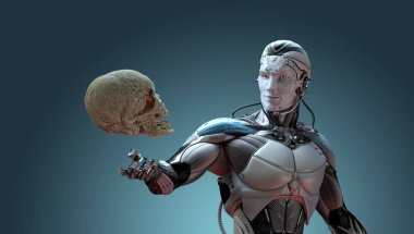 Robot ve insan kafatası yapay zeka kavramı, 3d render