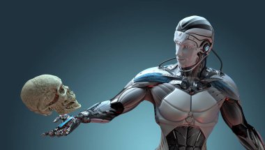 Robot ve insan kafatası yapay zeka kavramı, 3d render