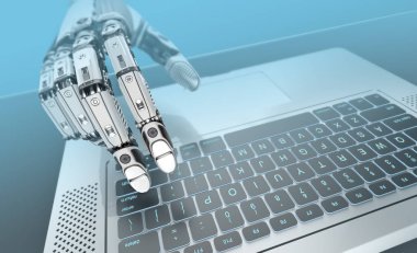 Metalik dizüstü bilgisayar ile robotik kol, yapay zeka 3d render