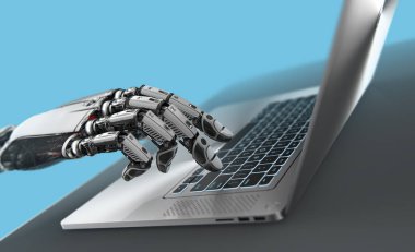Metalik dizüstü bilgisayar ile robotik kol, yapay zeka 3d render
