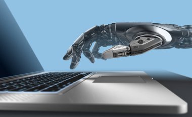 Metalik dizüstü bilgisayar ile robotik kol, yapay zeka 3d render