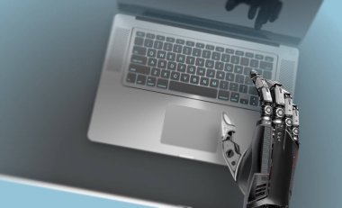 Metalik dizüstü bilgisayar ile robotik kol, yapay zeka 3d render