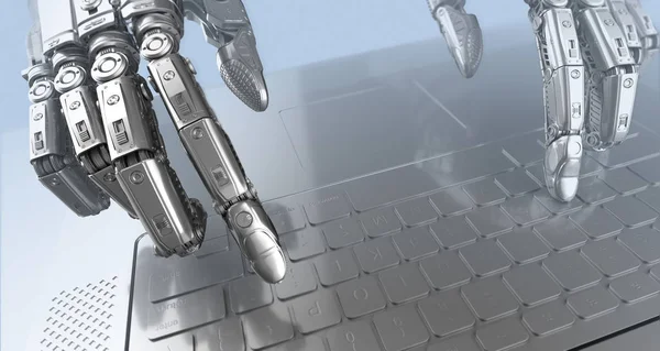 Robot Arms Typing Notebook Keyboard Render — Stock Photo, Image