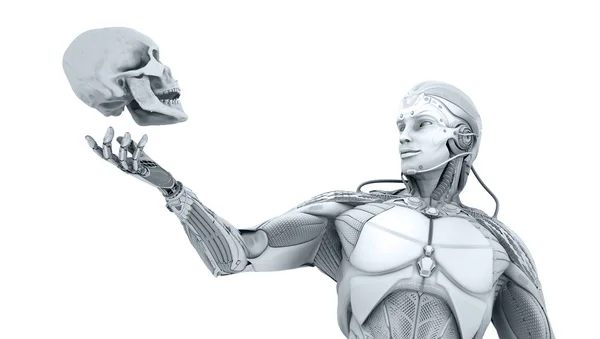 Roboter Und Menschlicher Schädel Künstliche Intelligenz Konzept Renderer — Stockfoto