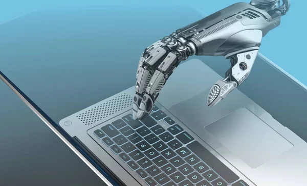 Роботизированная Рука Металлическим Ноутбуком Искусственный Интеллект Рендеринг — стоковое фото