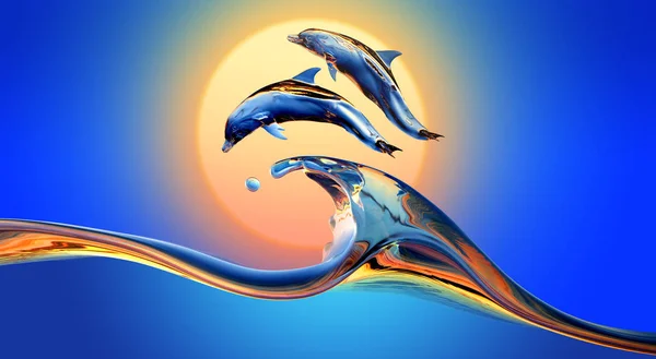 Delfíni Skáčou Přes Pulzující Západ Slunce Vodní Vlna Jasným Pozadím — Stock fotografie