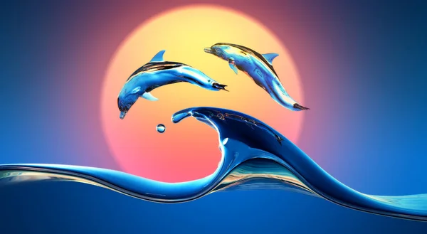 Dolfijnen Springen Levendige Zonsondergang Zee Water Wave Met Heldere Achtergrond — Stockfoto