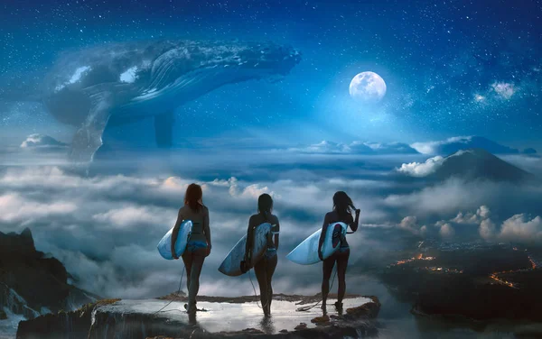 Surrealistische Droom Met Drie Surfer Meisjes Staande Top Boven Wolken — Stockfoto