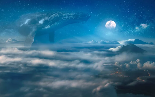 Nocturne Surreal Dream Clouds Big Whale Hovering Space Night Landscape — Stock Photo, Image