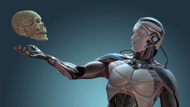 Robot ve insan kafatası yapay zeka kavramı, 3d render