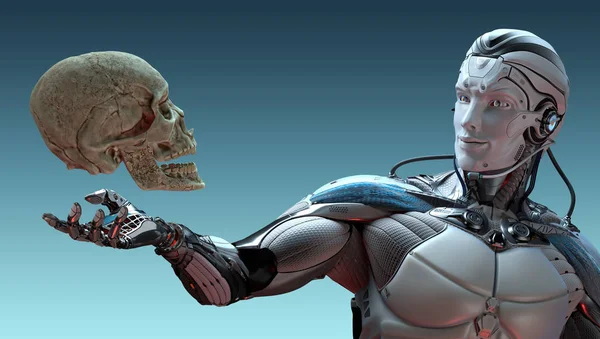 Robot and human skull artificial intelligence concept, 3d render