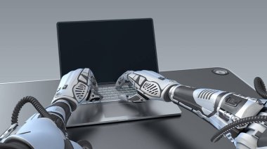 Dizüstü bilgisayar klavyesi 3d render ile yazma robot çalışma