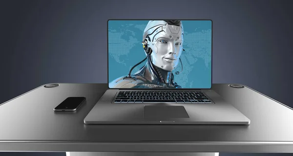 Line Podpora Robotů Obrazovce Přenosného Počítače Futuristického Designu Tec Vykreslování — Stock fotografie