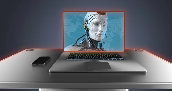 Robot Online Támogatás Képernyőn Laptop Futurisztikus Tec Design Render — Stock Fotó