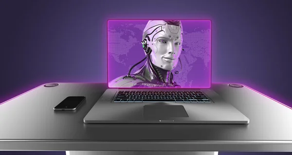 Dizüstü Bilgisayar Fütüristik Tec Tasarım Render Bir Ekranda Robot Online — Stok fotoğraf