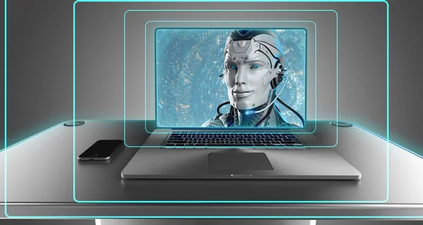 Robot online support on a screen of laptop, futuristic hi-tec design, 3d render