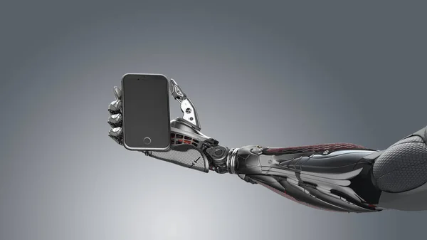 右机器人手臂持有智能手机 — 图库照片