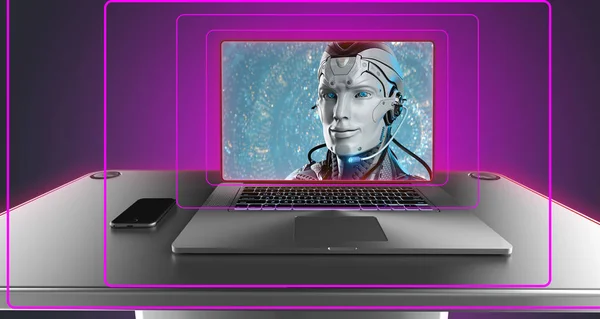 Robot online support on a screen of laptop, futuristic hi-tec design, 3d render