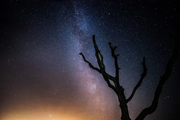空のペルセウス座流星群の流星の つのシューティング スターのチャンスと暗い夜の間に明確な星空 天の川銀河のコアで素敵な絵 — ストック写真