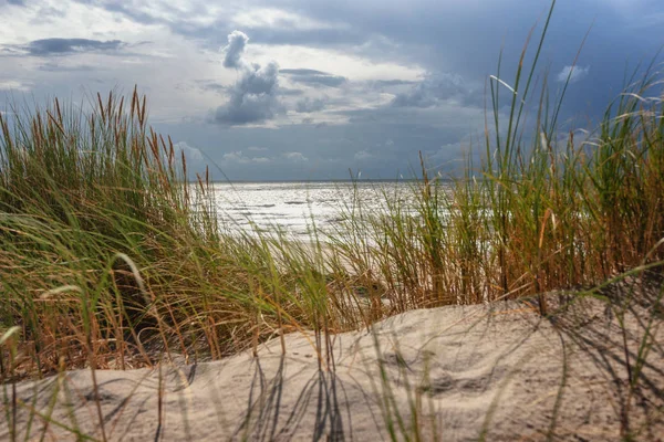 Unikt Perspektiv Sanddynerna Stranden Blå Havet Och Blå Himmel Med — Stockfoto