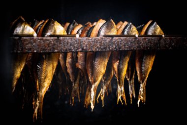 Balık işleme tesisi. Füme balık soğuk (sıcak). Smokehouse kutusunda balık füme. Sigara işlem balık ev kullanımı için kapatın. Organik gıda hazırlanması.