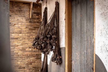 Geleneksel balıkçılık evin duvarında asılı eski balık ağlarına