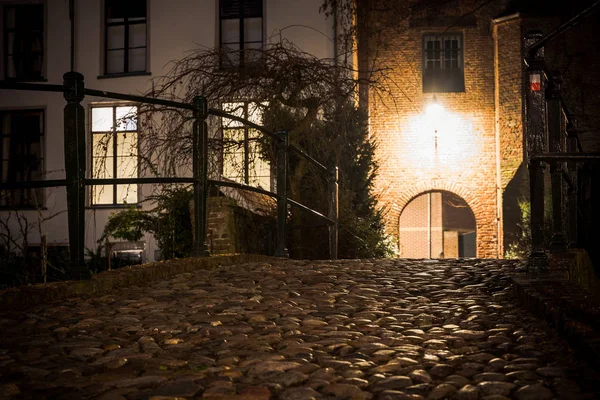 Середньовічні міські ворота зі старим тротуаром та атмосферним освітленням — стокове фото