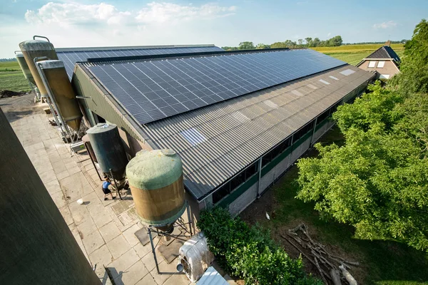 Bir cowshed çatısında güneş panelleri ile Modern çiftlik