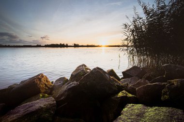 Günbatımı nehir kıyıları bazalt bloklar ve sazlıklar ile su üzerinde görünür, ijssel boyunca Hollanda manzarası