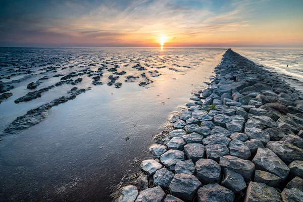 Mud Flat Waddenzee Low Tide Scenic Dramatic Sunset Sky Clouds — Stock Photo, Image