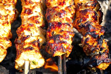   Tavuk shashlik, sebze ve baharat ile beyaz kefir marine marine ve kömür mangal üzerinde kızartılmış, Izgara tavuk                                               