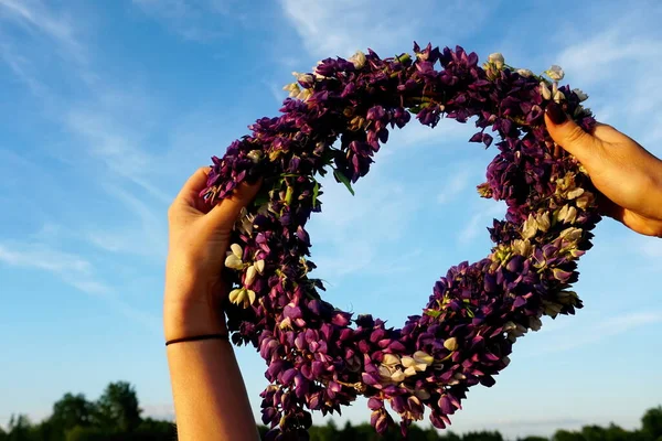 Wreath of Pink Flowers on Blue Sky Background. Female hands holding a Crown of purple flowers on a background of blue sky with white clouds. Hands with a wreath of Midsummer flowers