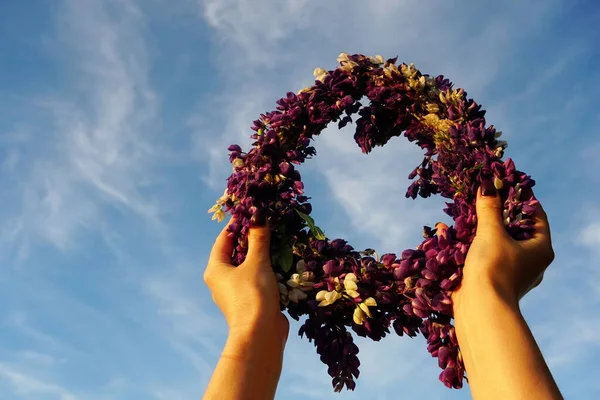 Corona Flores Rosadas Sobre Fondo Azul Cielo Manos Femeninas Sosteniendo —  Fotos de Stock