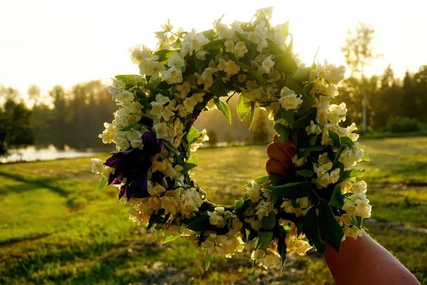 Female Hands Holding Wreath White Jasmin Flowers Background Evening Sunset — Stock Photo, Image