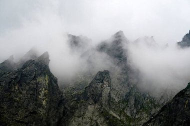                  Yüksek Tatra 'nın tepeleri beyaz bulutlarla dolu. Bulutlardaki dağlar. Slovakya 'daki Yüksek Tatras Dağları              